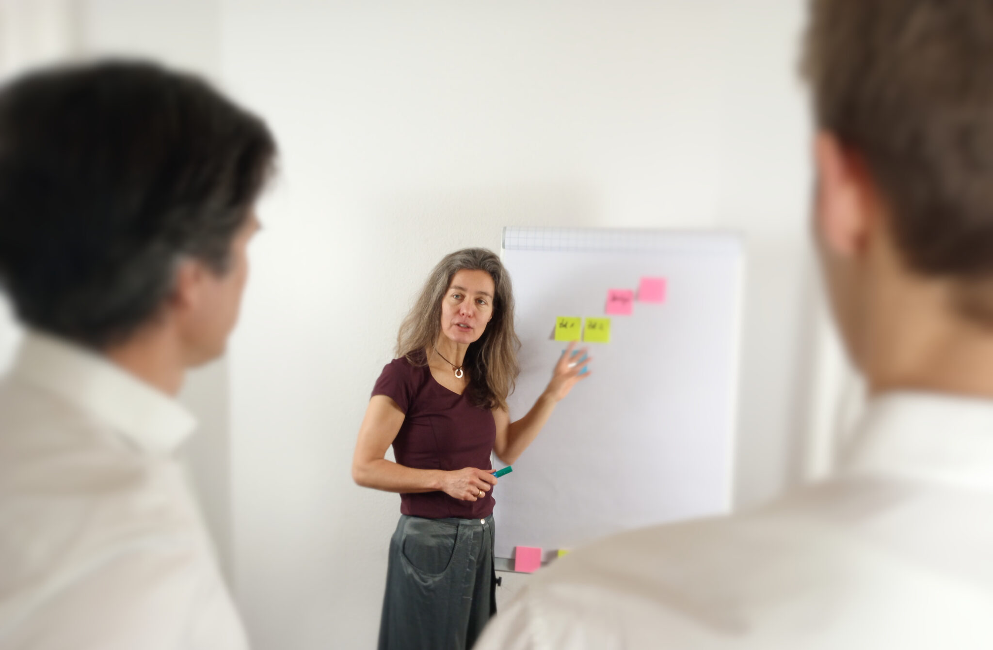 Gruppe von Menschen unterhält sich in einem Team-Coaching zur gezielten Weiterentwicklung und Stärkung des Teams vor einem Flipchart.