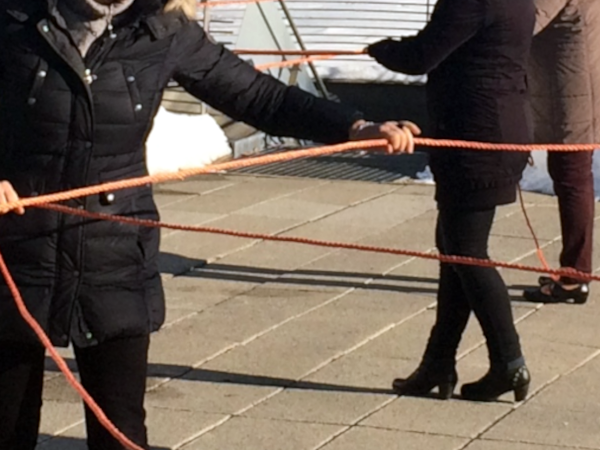 Eine Gruppe Menschen arbeitet mit Seilen in einem Workshop Systemisches Teamcoaching zur Weiterentwicklung.