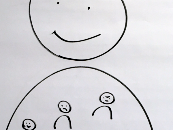 Eine Illustration von Aufbau und Entwicklung von virtuellen und hybriden Teams mittels gezeichneten Figuren.
